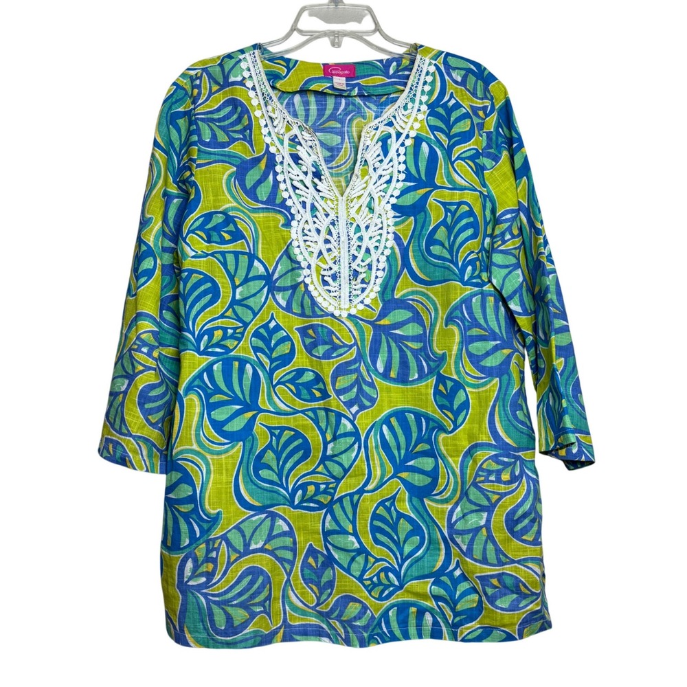 Cappagallo Womens Tunic Top Blue Green Leaf Print White Lace V-Neck 3/4 Sleeve L